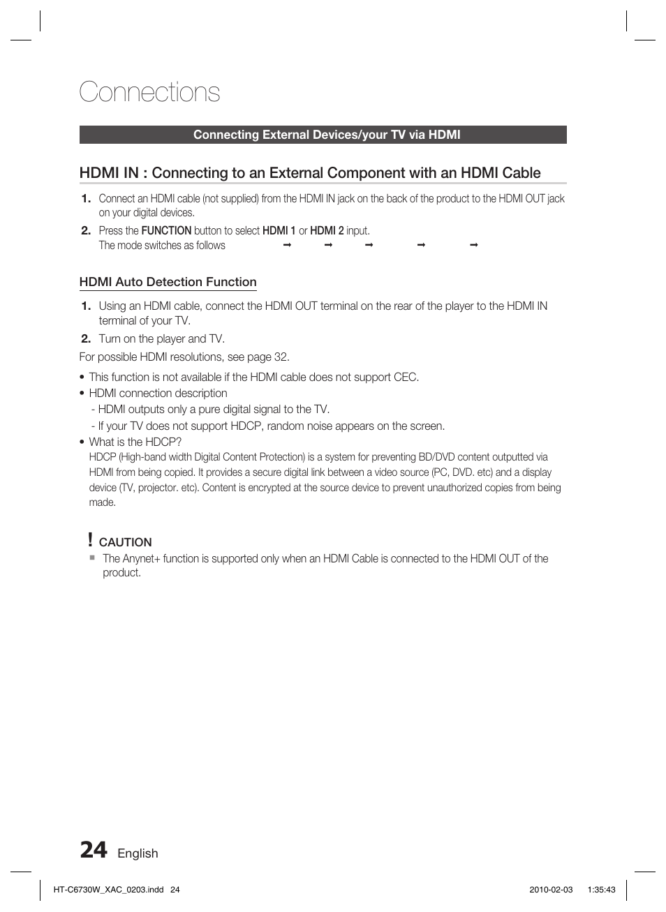 Connecting external devices/your tv via hdmi, Connections | Samsung HT-C6730W User Manual | Page 24 / 71