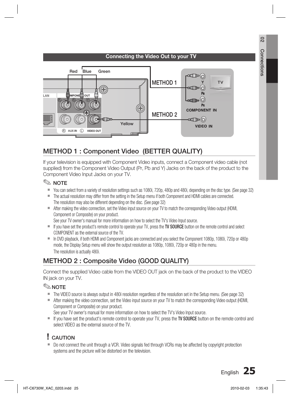 Connecting the video out to your tv, Method 1 : component video (better quality), Method 2 : composite video (good quality) | Samsung HT-C6730W User Manual | Page 25 / 71