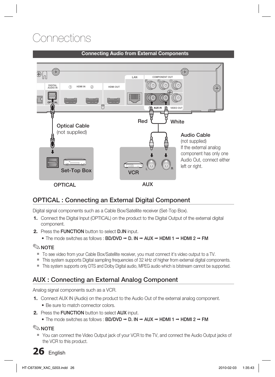 Connecting audio from external components, Connections, Optical : connecting an external digital component | Aux : connecting an external analog component | Samsung HT-C6730W User Manual | Page 26 / 71