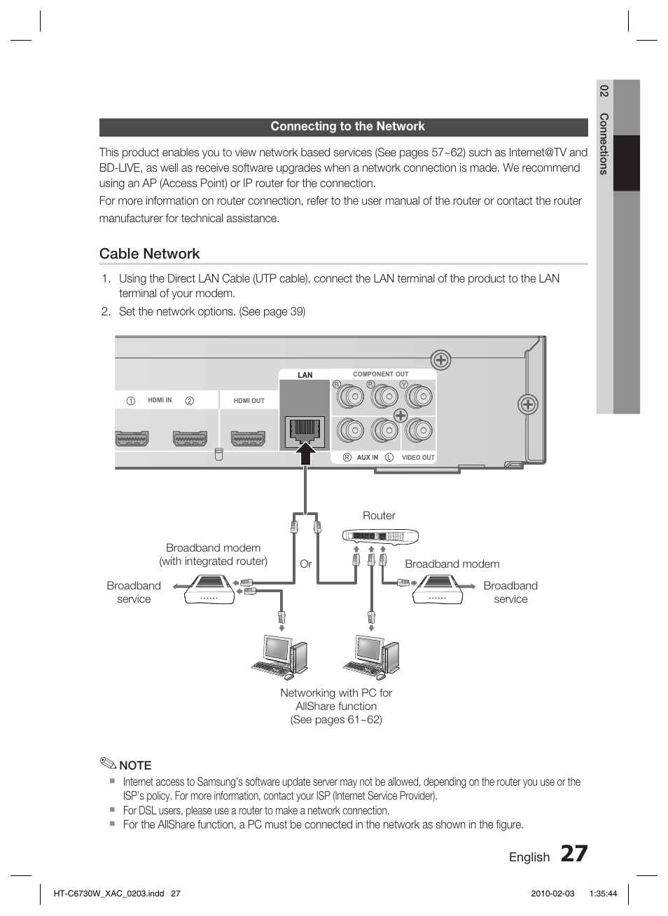 Connecting to the network, Cable network | Samsung HT-C6730W User Manual | Page 27 / 71