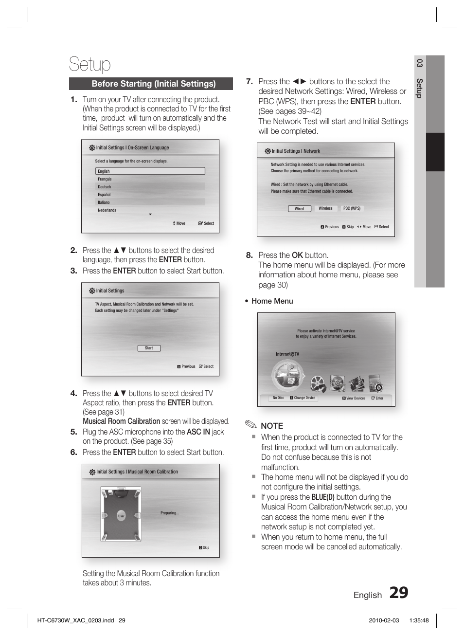 Setup, Before starting (initial settings), English | Samsung HT-C6730W User Manual | Page 29 / 71