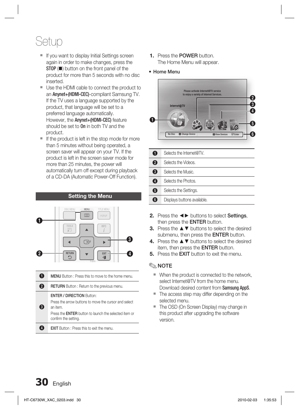 Setting the menu, Setup | Samsung HT-C6730W User Manual | Page 30 / 71