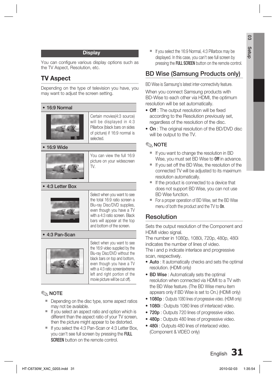 Display, Tv aspect, Bd wise (samsung products only) | Resolution | Samsung HT-C6730W User Manual | Page 31 / 71