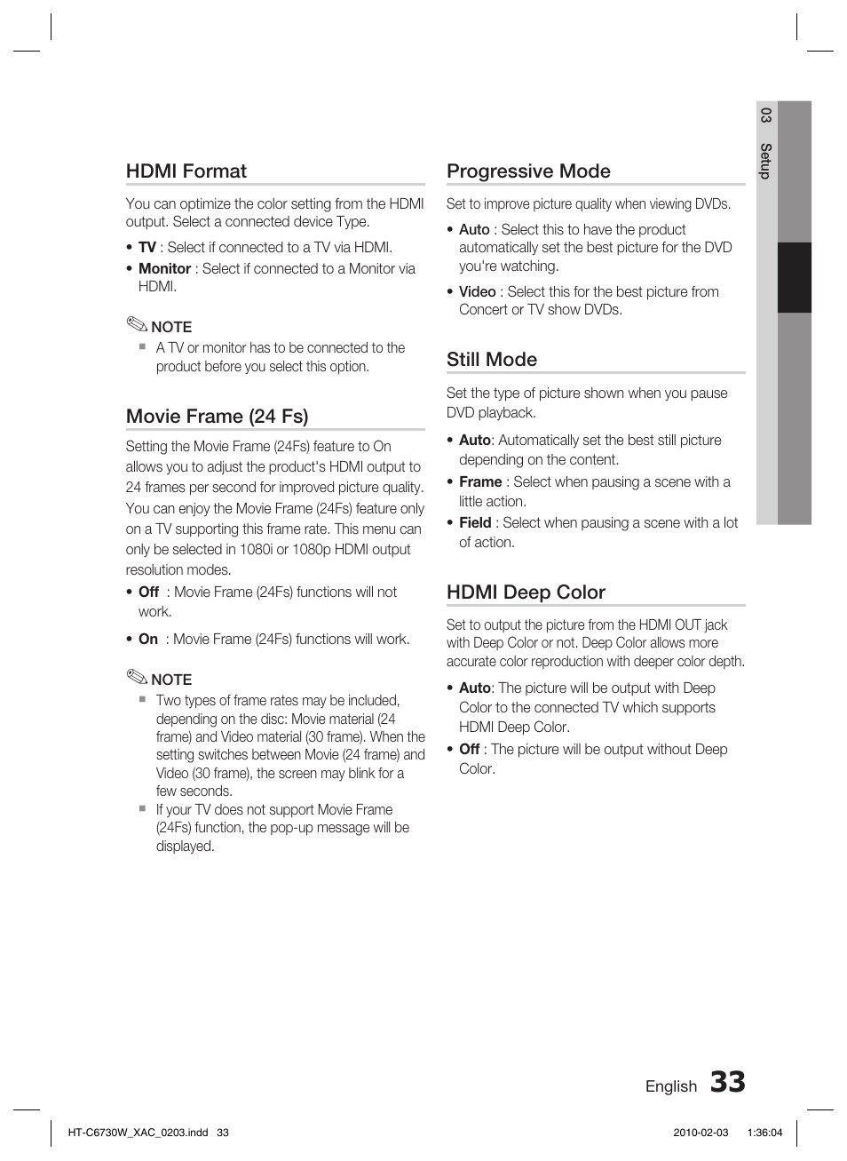 Hdmi format, Movie frame (24 fs), Progressive mode | Still mode, Hdmi deep color | Samsung HT-C6730W User Manual | Page 33 / 71