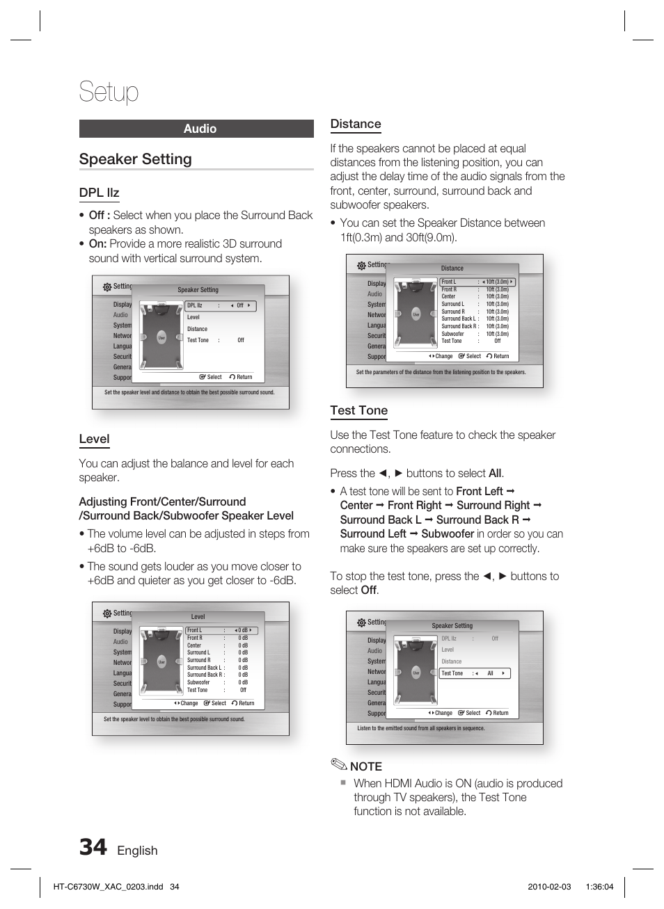 Audio, Setup, Speaker setting | English, Audio distance, Test tone, Dpl llz, Level | Samsung HT-C6730W User Manual | Page 34 / 71