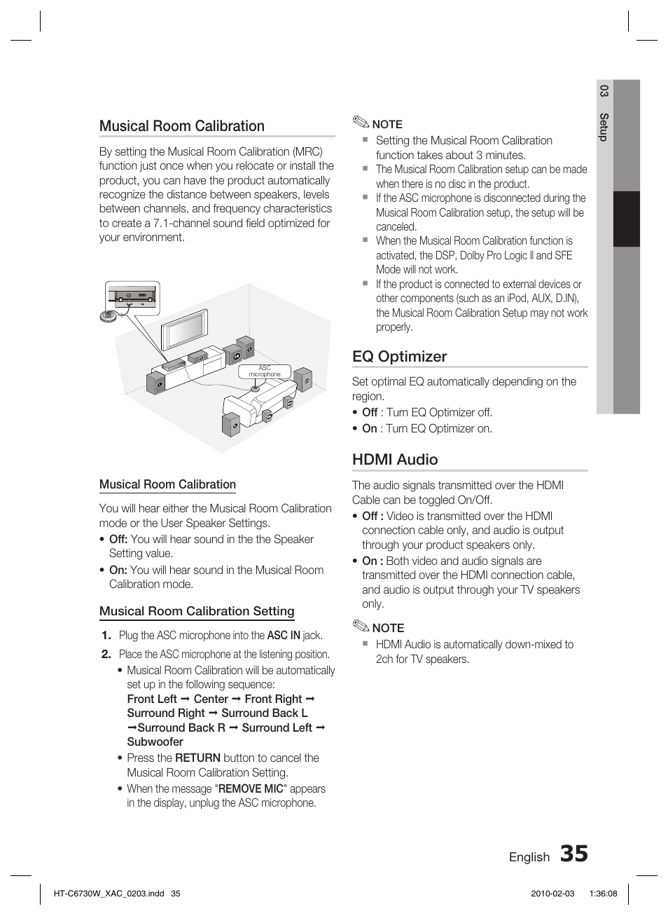 Musical room calibration, Eq optimizer, Hdmi audio | Samsung HT-C6730W User Manual | Page 35 / 71