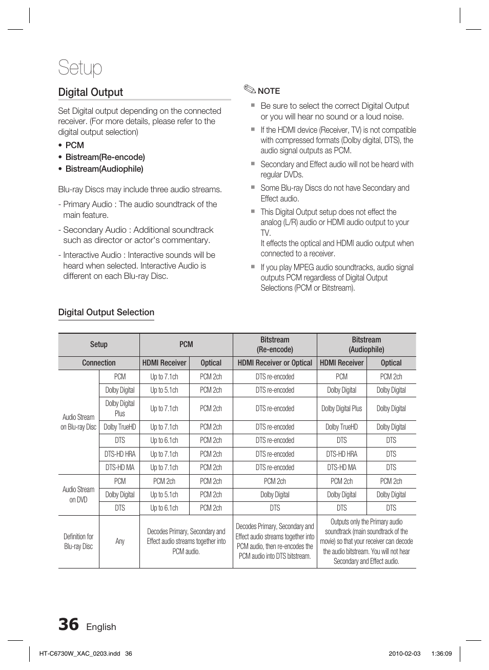 Setup, Digital output | Samsung HT-C6730W User Manual | Page 36 / 71