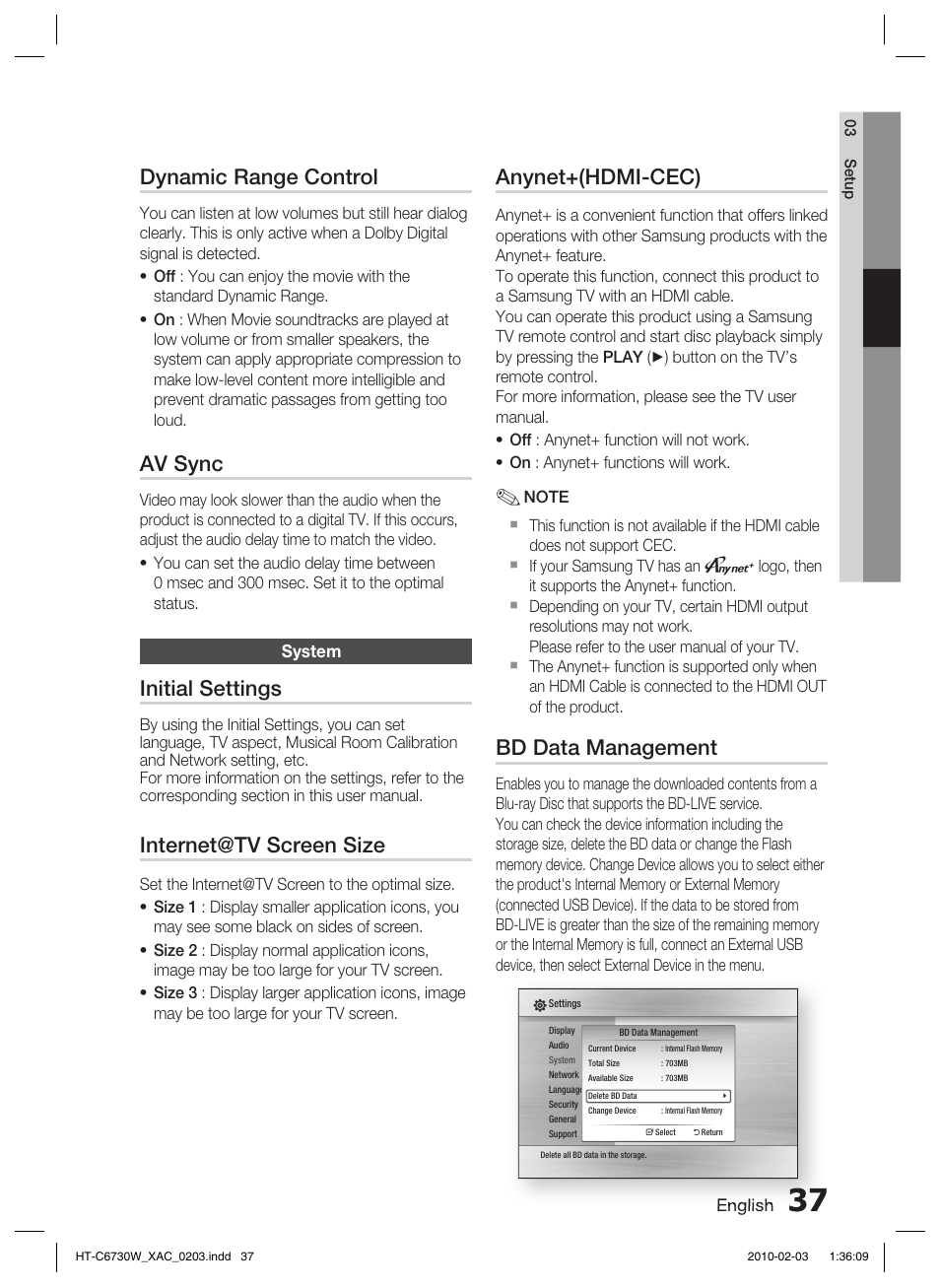 System, Dynamic range control, Av sync | Initial settings, Internet@tv screen size, Anynet+(hdmi-cec), Bd data management | Samsung HT-C6730W User Manual | Page 37 / 71