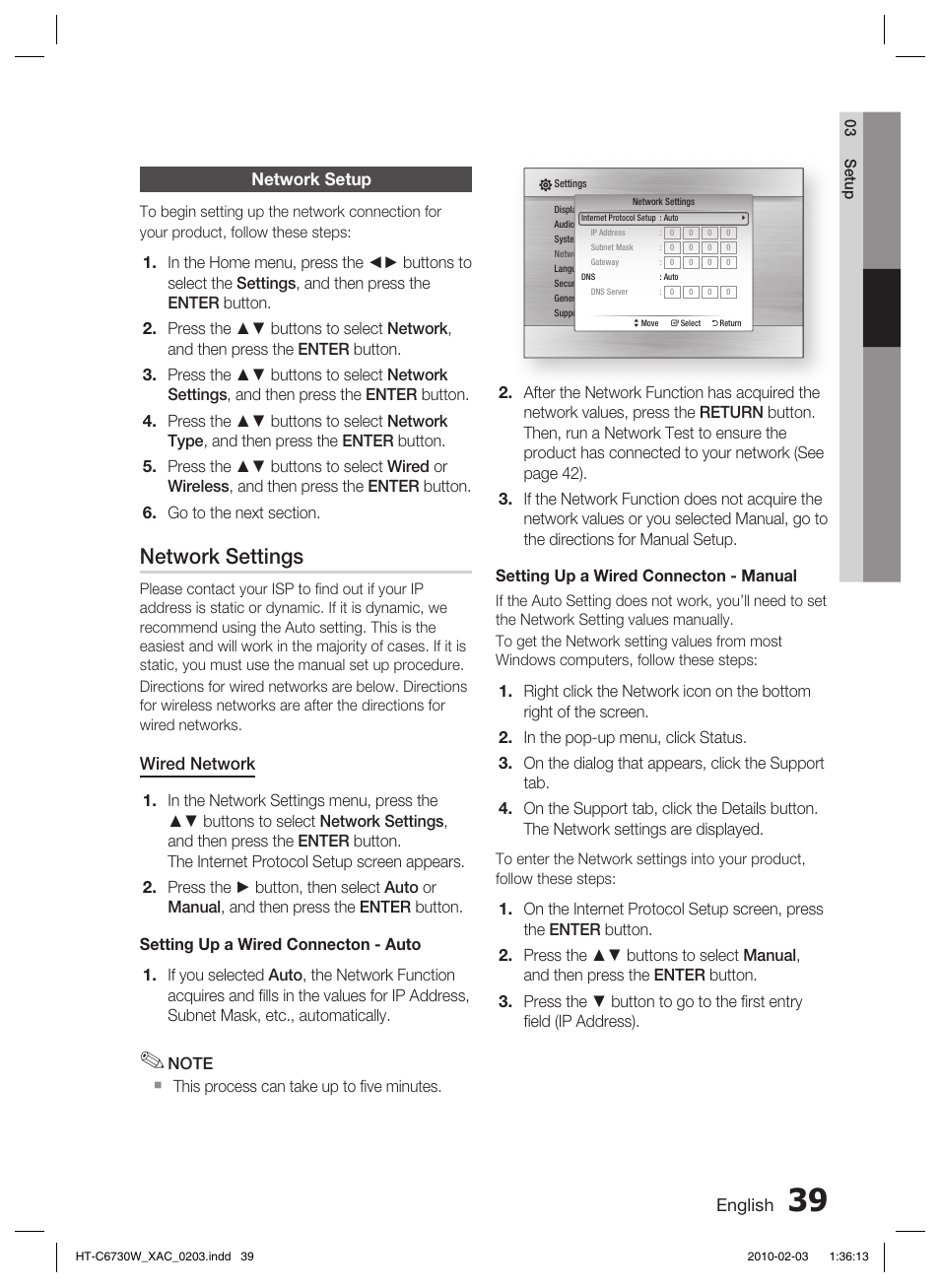 Network setup, Network settings | Samsung HT-C6730W User Manual | Page 39 / 71