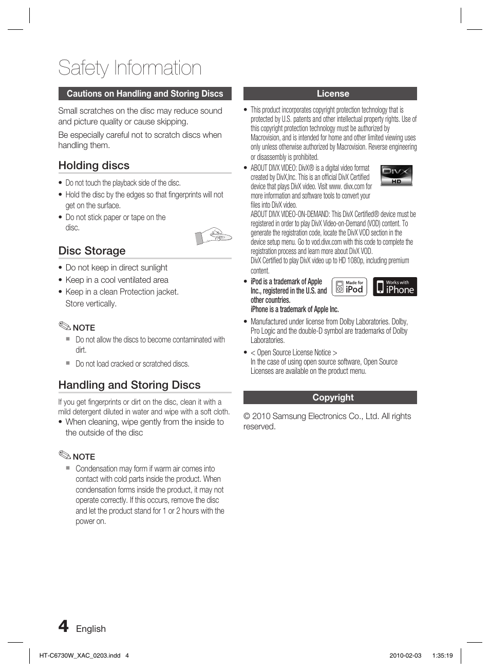 Cautions on handling and storing discs, License, Copyright | Safety information | Samsung HT-C6730W User Manual | Page 4 / 71