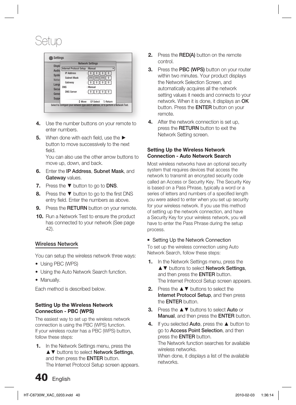 Setup | Samsung HT-C6730W User Manual | Page 40 / 71