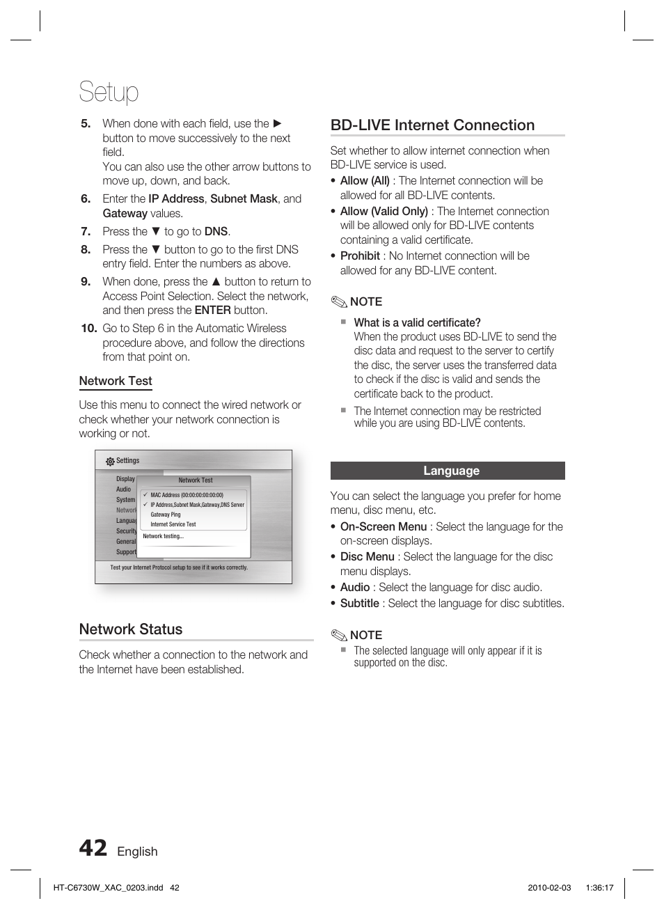 Language, Setup, Network status | Bd-live internet connection | Samsung HT-C6730W User Manual | Page 42 / 71