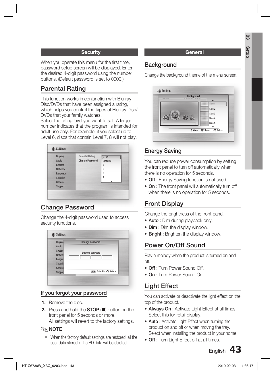 Security, General, Parental rating | Change password, Background, Energy saving, Front display, Power on/off sound, Light effect, English | Samsung HT-C6730W User Manual | Page 43 / 71