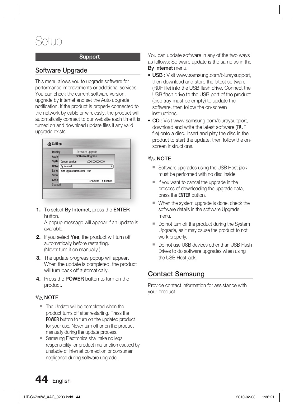 Support, Setup, Software upgrade | Contact samsung | Samsung HT-C6730W User Manual | Page 44 / 71