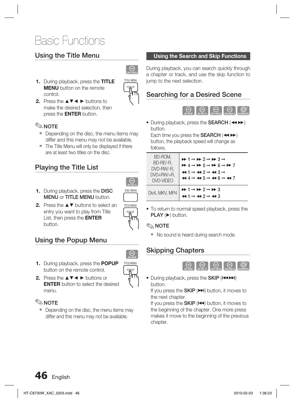 Using the search and skip functions, Basic functions, Hzzyx | Samsung HT-C6730W User Manual | Page 46 / 71