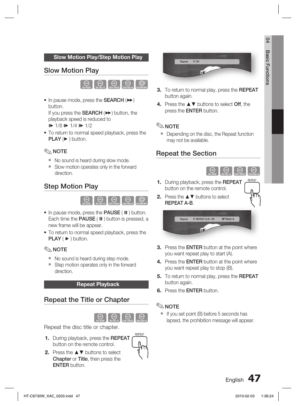 Slow motion play/step motion play, Repeat playback, Hzzyx | Hzzy, Slow motion play, Step motion play, Repeat the title or chapter | Samsung HT-C6730W User Manual | Page 47 / 71