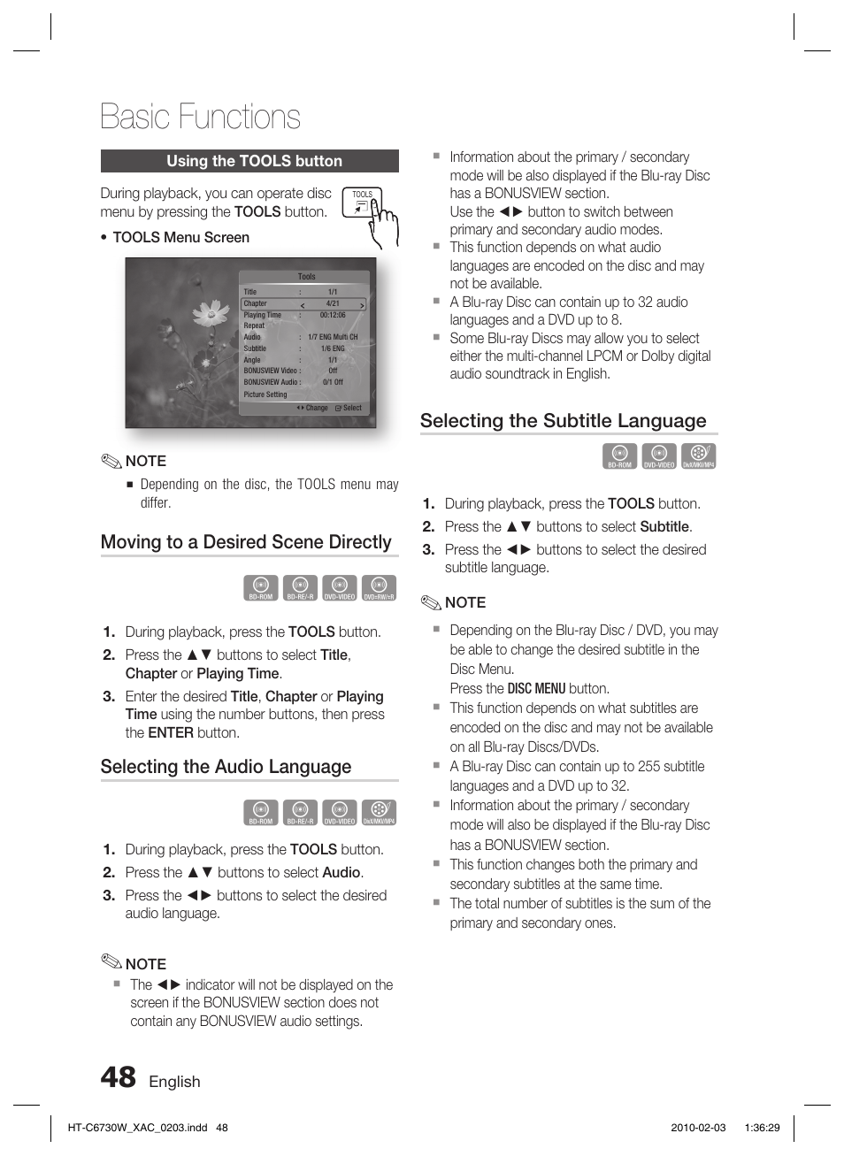 Using the tools button, Basic functions, Hzzy | Hzzx, Moving to a desired scene directly, Selecting the audio language, Selecting the subtitle language | Samsung HT-C6730W User Manual | Page 48 / 71