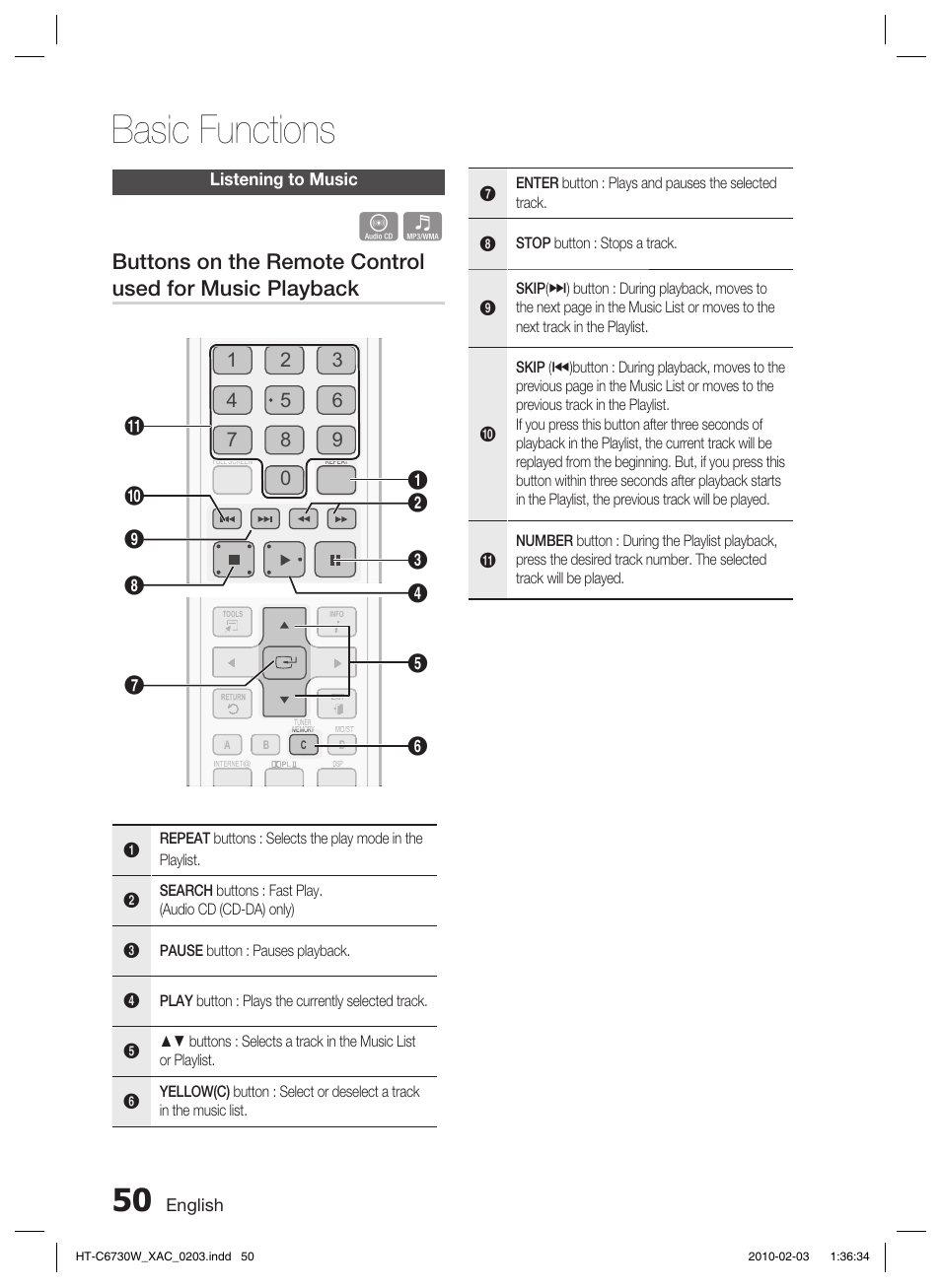 Listening to music, Basic functions | Samsung HT-C6730W User Manual | Page 50 / 71