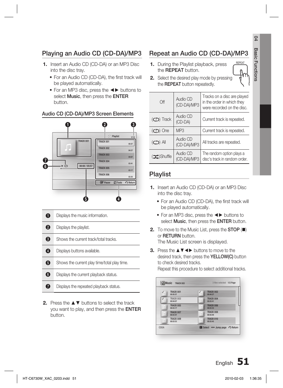 Playing an audio cd (cd-da)/mp3, Repeat an audio cd (cd-da)/mp3, Playlist | English, Audio cd (cd-da)/mp3 screen elements | Samsung HT-C6730W User Manual | Page 51 / 71