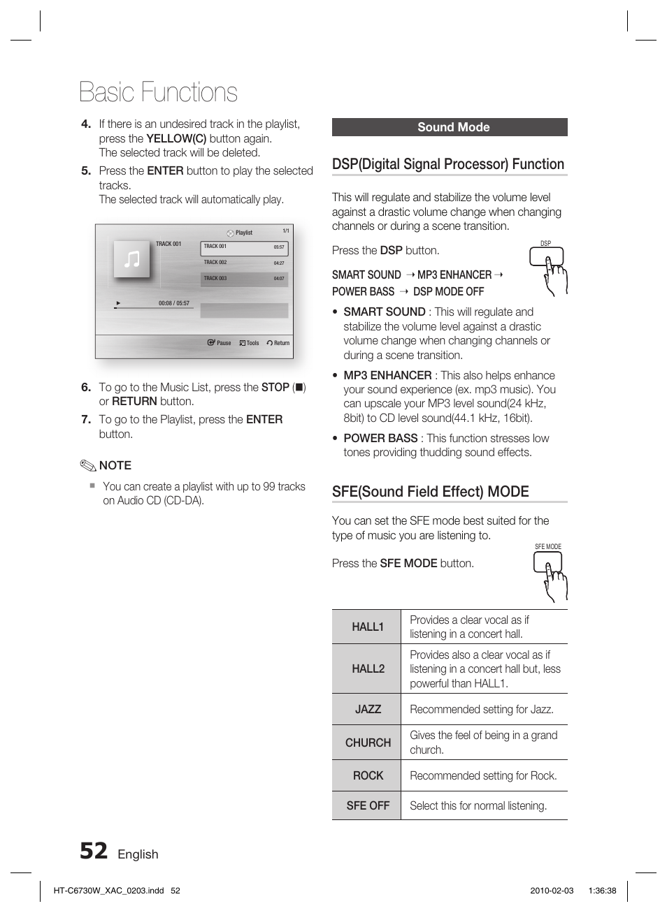 Sound mode, Basic functions, Dsp(digital signal processor) function | Sfe(sound field effect) mode | Samsung HT-C6730W User Manual | Page 52 / 71