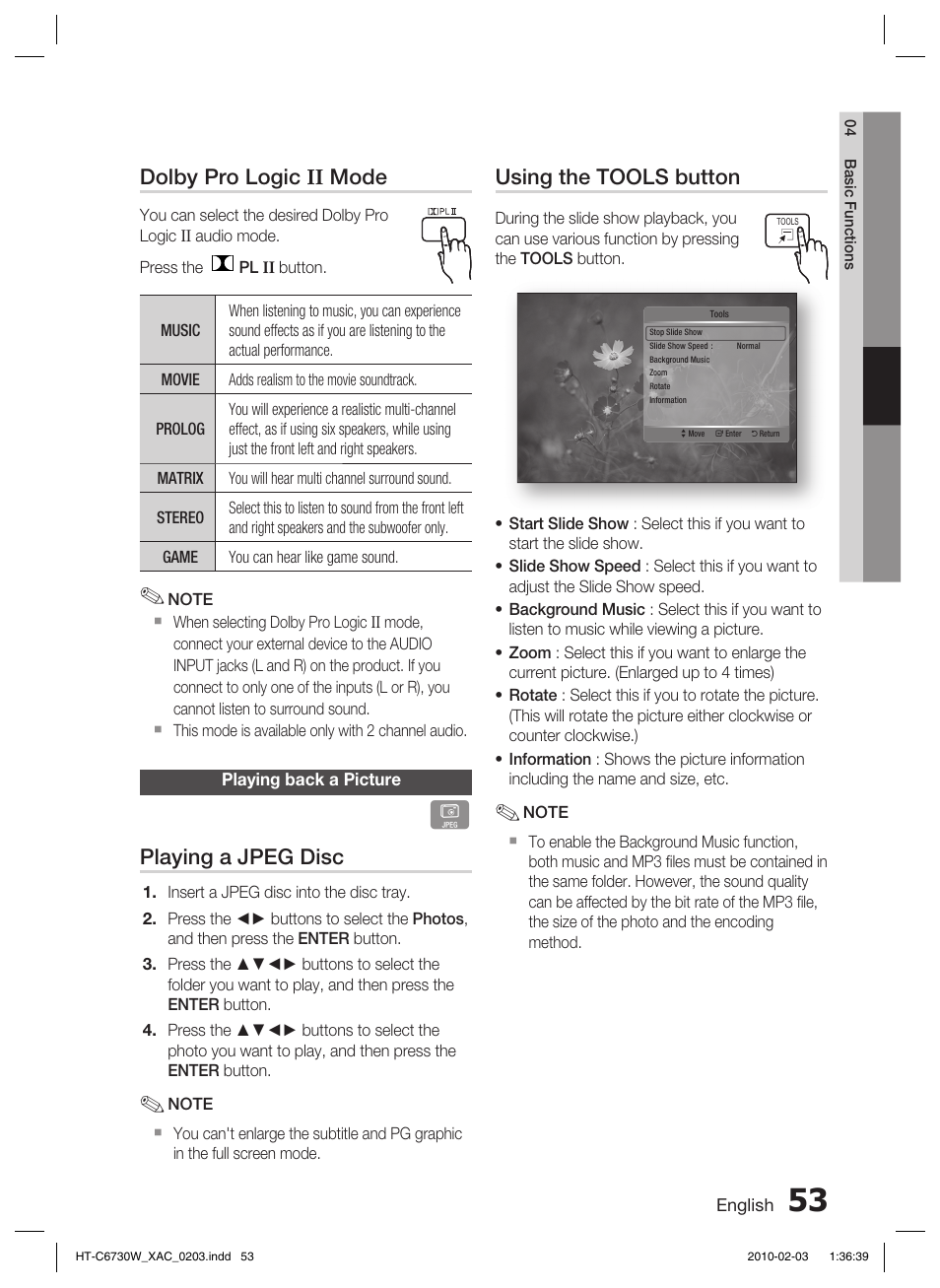 Playing back a picture, Using the tools button, Dolby pro logic ii mode | Playing a jpeg disc | Samsung HT-C6730W User Manual | Page 53 / 71