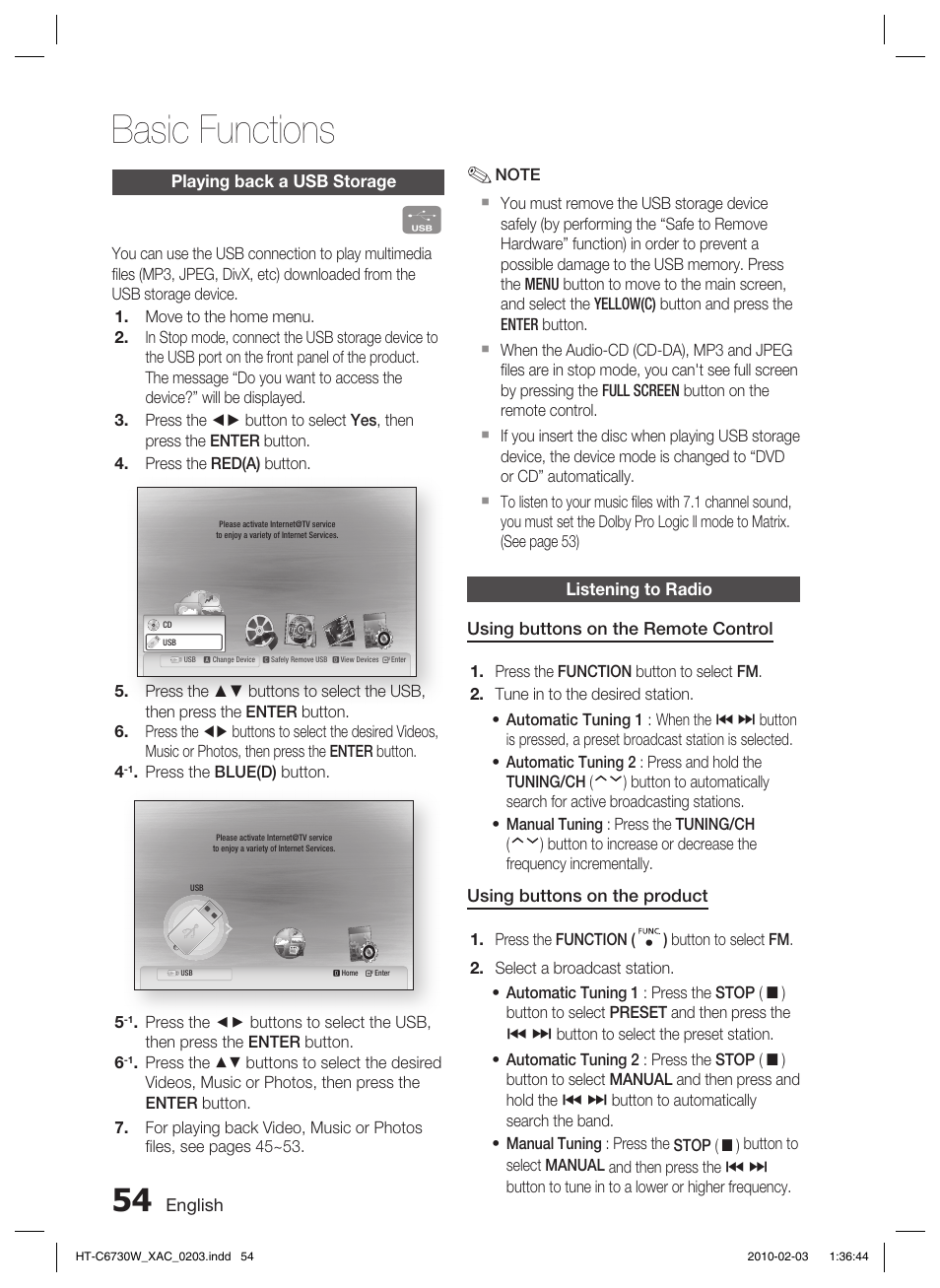 Playing back a usb storage, Listening to radio, Using an ipod | Basic functions | Samsung HT-C6730W User Manual | Page 54 / 71