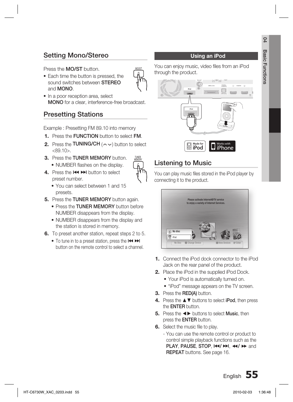 Listening to music, Setting mono/stereo, Presetting stations | Samsung HT-C6730W User Manual | Page 55 / 71