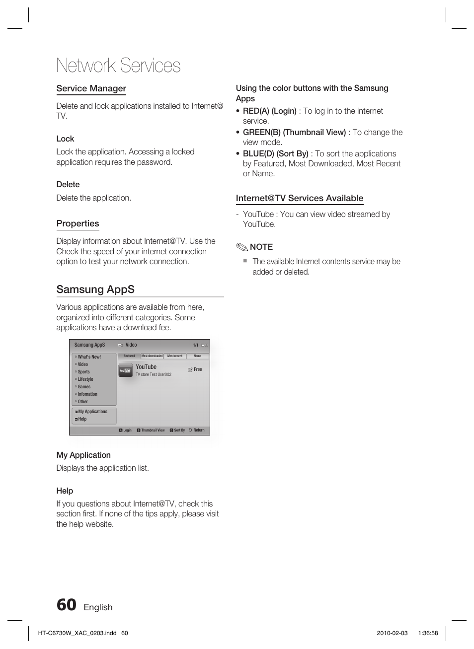 Network services, Samsung apps, English | Service manager, Properties, Internet@tv services available | Samsung HT-C6730W User Manual | Page 60 / 71