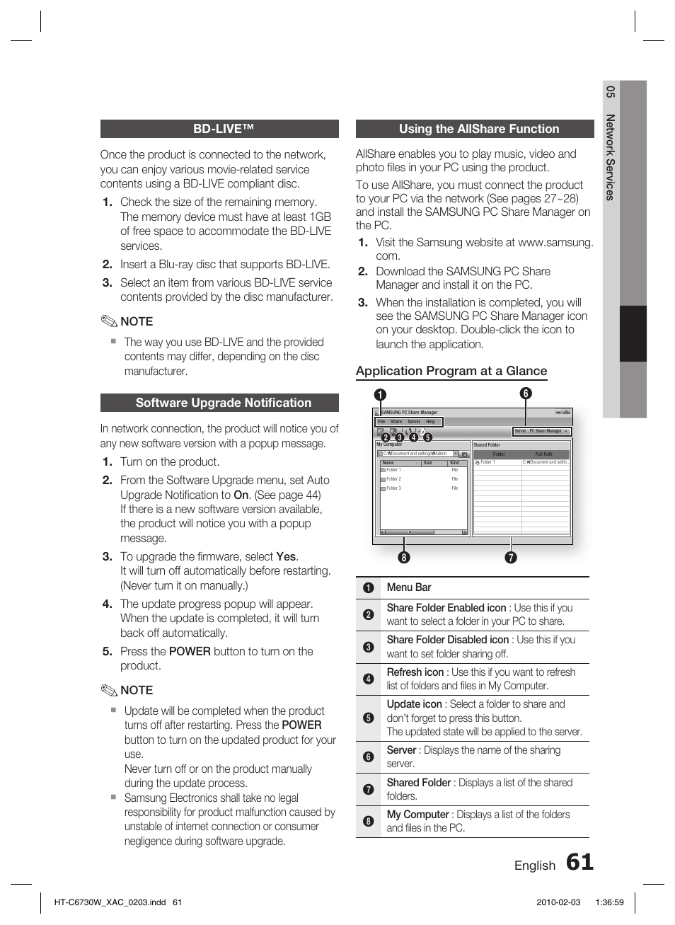 Bd-live, Software upgrade notifi cation, Using the allshare function | Samsung HT-C6730W User Manual | Page 61 / 71