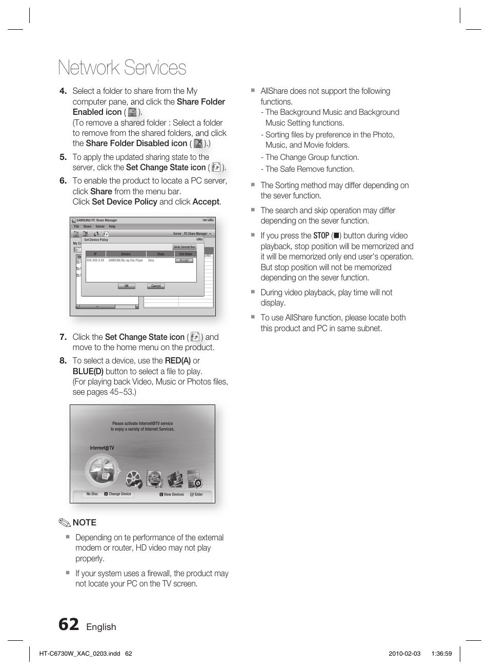 Other information, Troubleshooting, Network services | English, Allshare does not support the following functions | Samsung HT-C6730W User Manual | Page 62 / 71