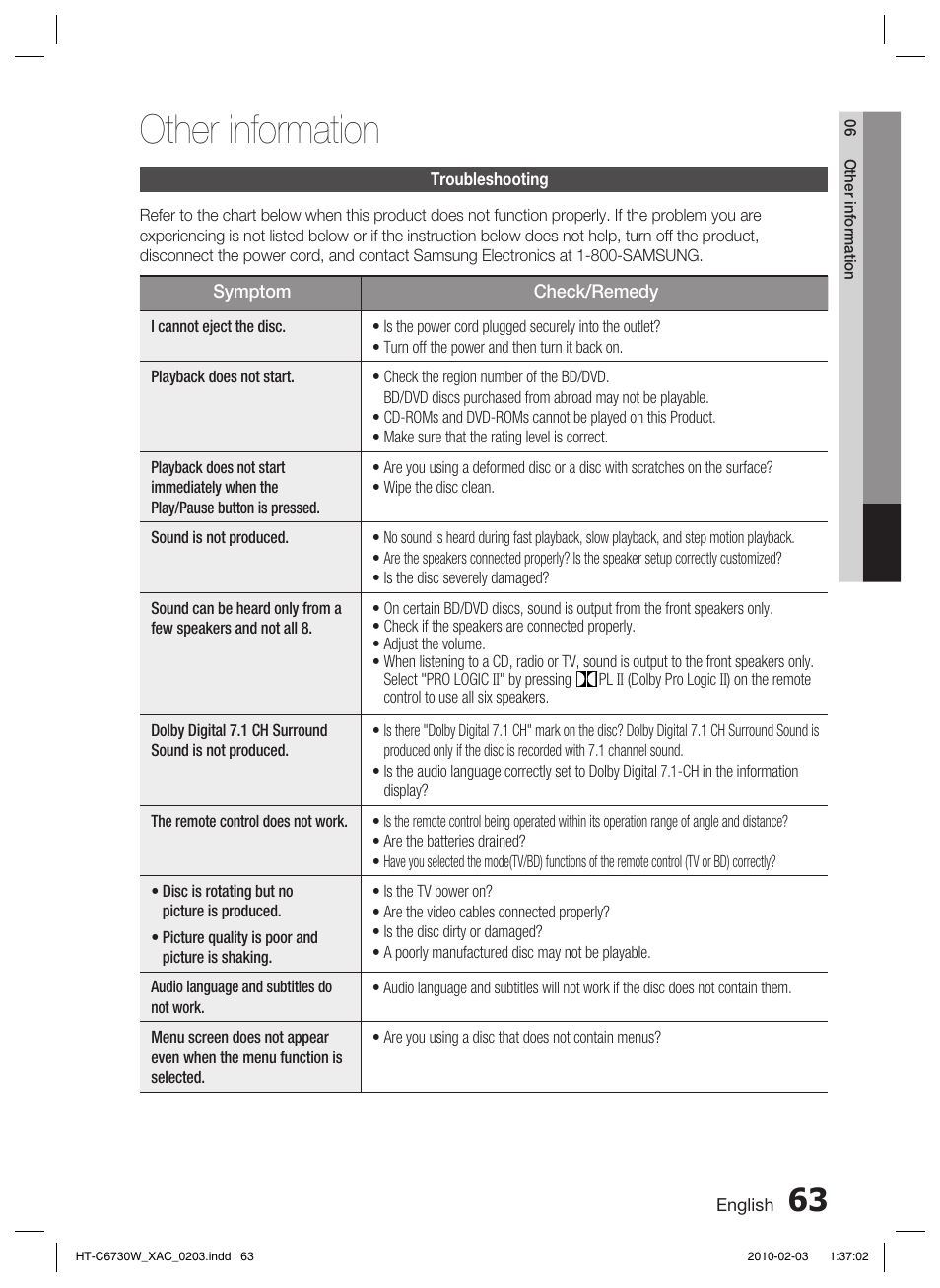 Other information | Samsung HT-C6730W User Manual | Page 63 / 71