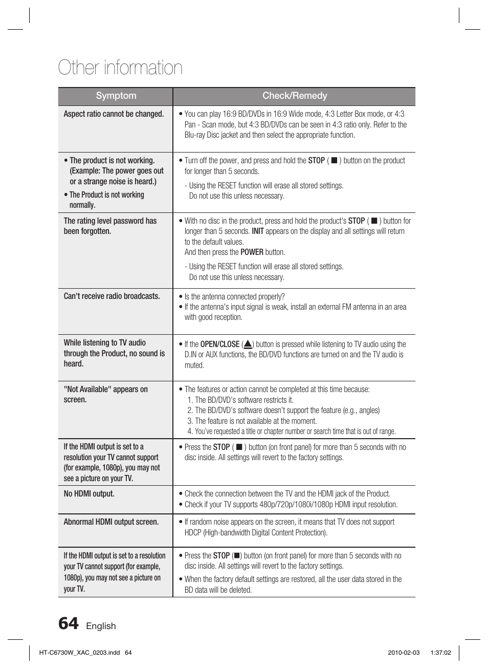 Other information | Samsung HT-C6730W User Manual | Page 64 / 71