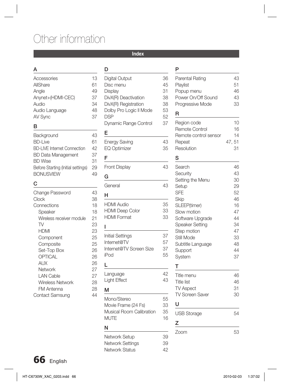 Index, Other information | Samsung HT-C6730W User Manual | Page 66 / 71