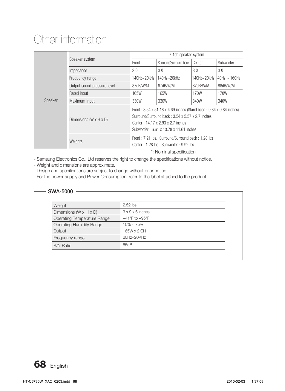 Other information | Samsung HT-C6730W User Manual | Page 68 / 71