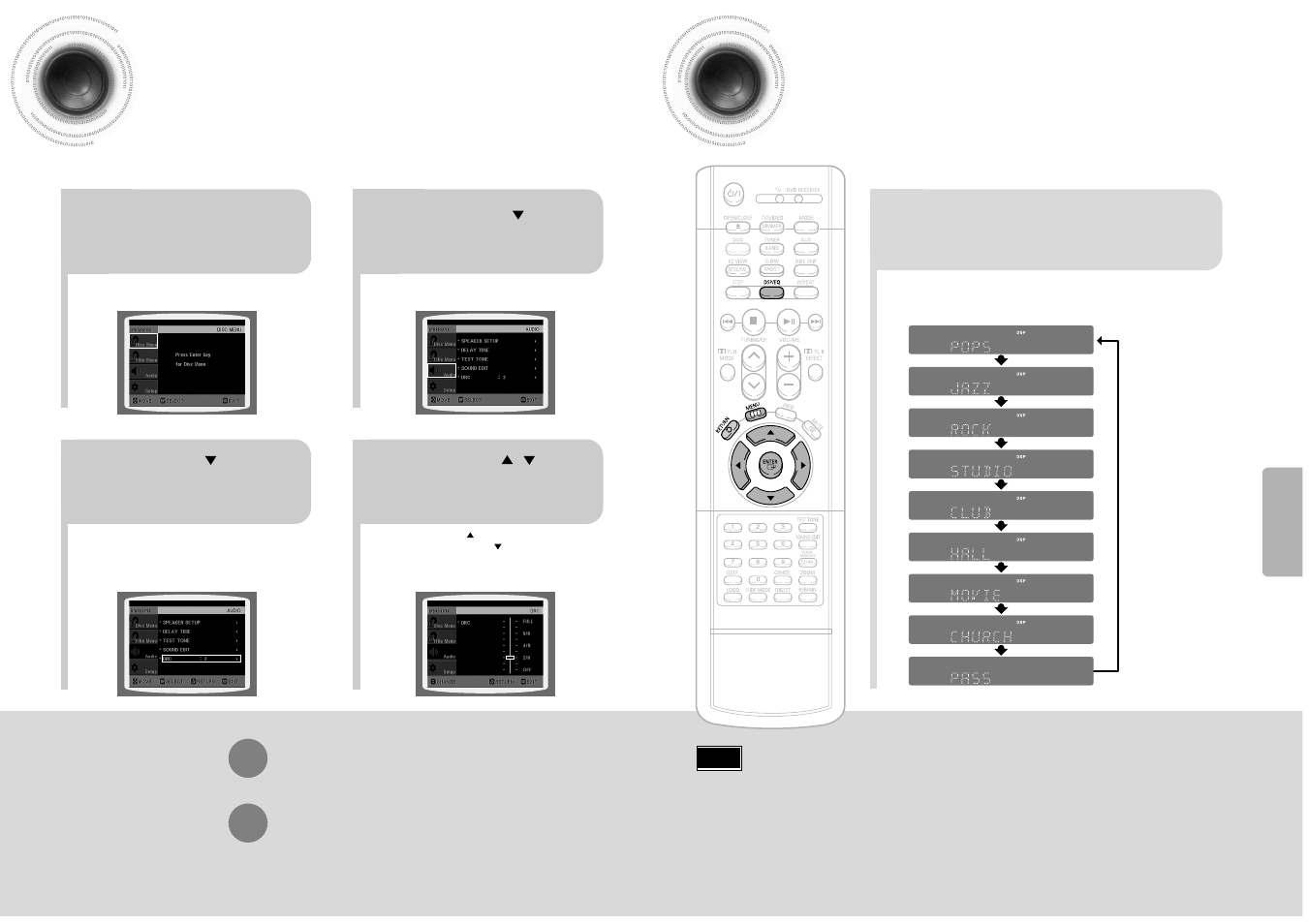 Setting the drc (dynamic range compression), Sound field (dsp)/eq function, 53 54 setting the drc | Dynamic range compression) | Samsung HT-DB600 User Manual | Page 28 / 35