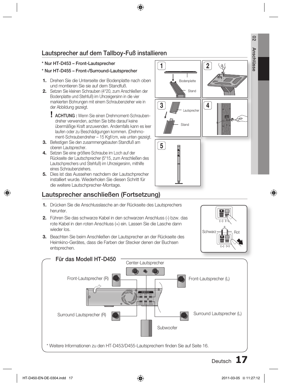 Lautsprecher auf dem tallboy-fuß installieren, Lautsprecher anschließen (fortsetzung) | Samsung HT-D450 User Manual | Page 101 / 168