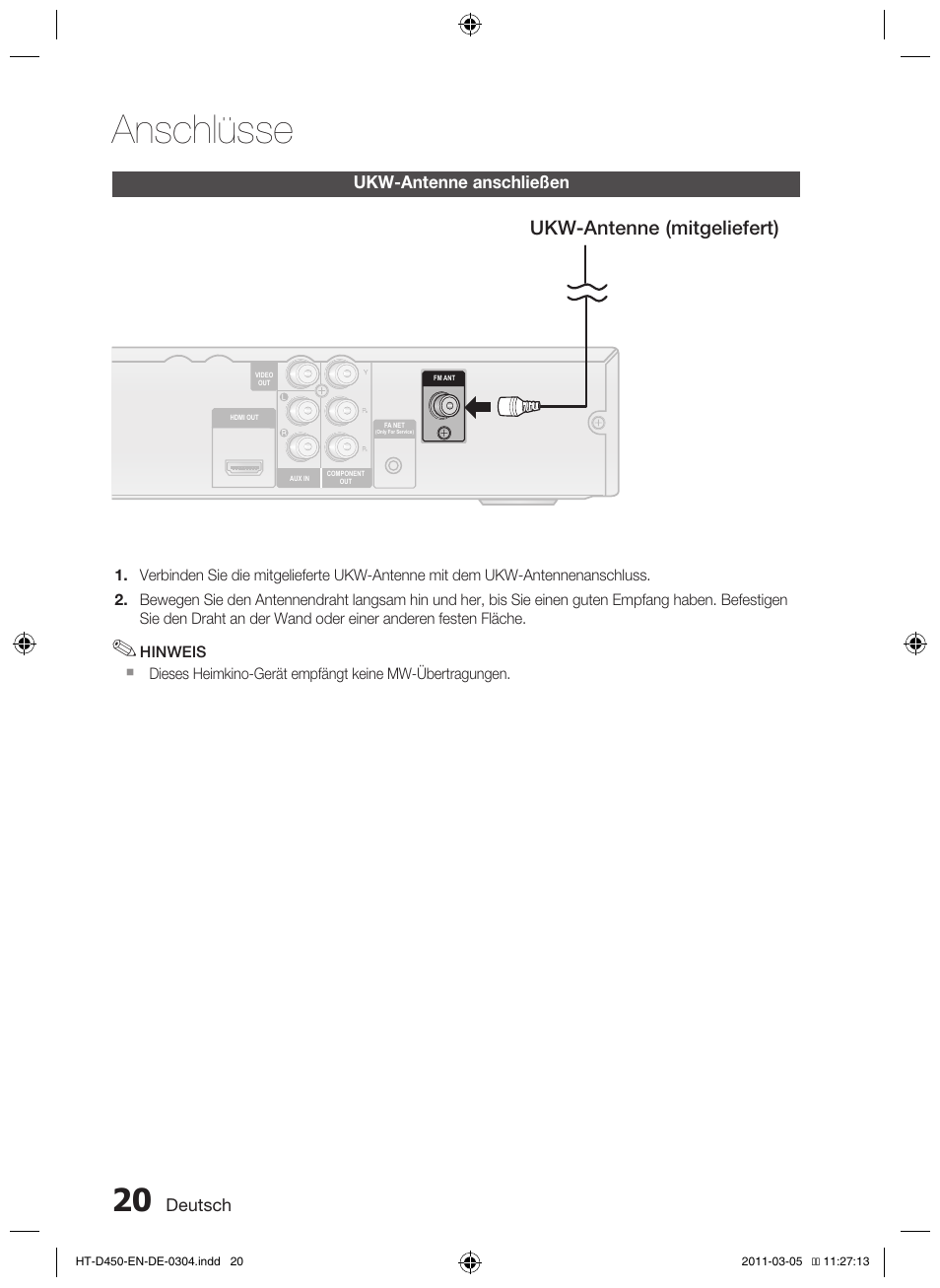 Anschlüsse, Ukw-antenne (mitgeliefert) | Samsung HT-D450 User Manual | Page 104 / 168