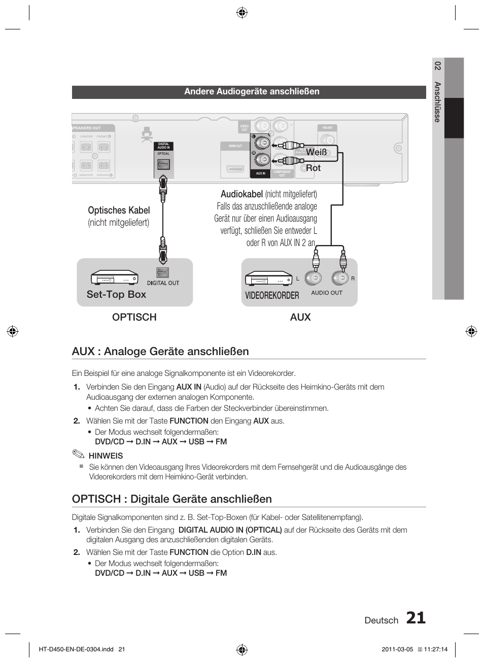 Aux : analoge geräte anschließen, Optisch : digitale geräte anschließen | Samsung HT-D450 User Manual | Page 105 / 168