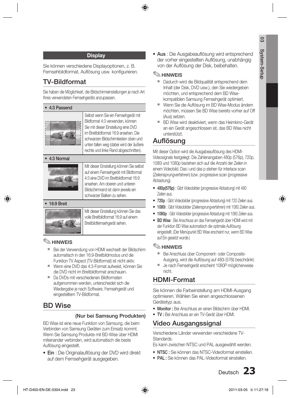 Bd wise, Auflösung, Tv-bildformat | Hdmi-format, Video ausgangssignal | Samsung HT-D450 User Manual | Page 107 / 168