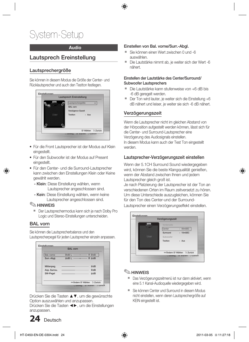 System-setup, Lautsprech ereinstellung | Samsung HT-D450 User Manual | Page 108 / 168