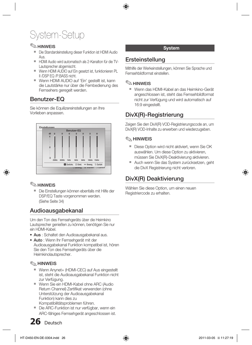 System-setup, Benutzer-eq, Audioausgabekanal | Ersteinstellung, Divx(r)-registrierung, Divx(r) deaktivierung | Samsung HT-D450 User Manual | Page 110 / 168