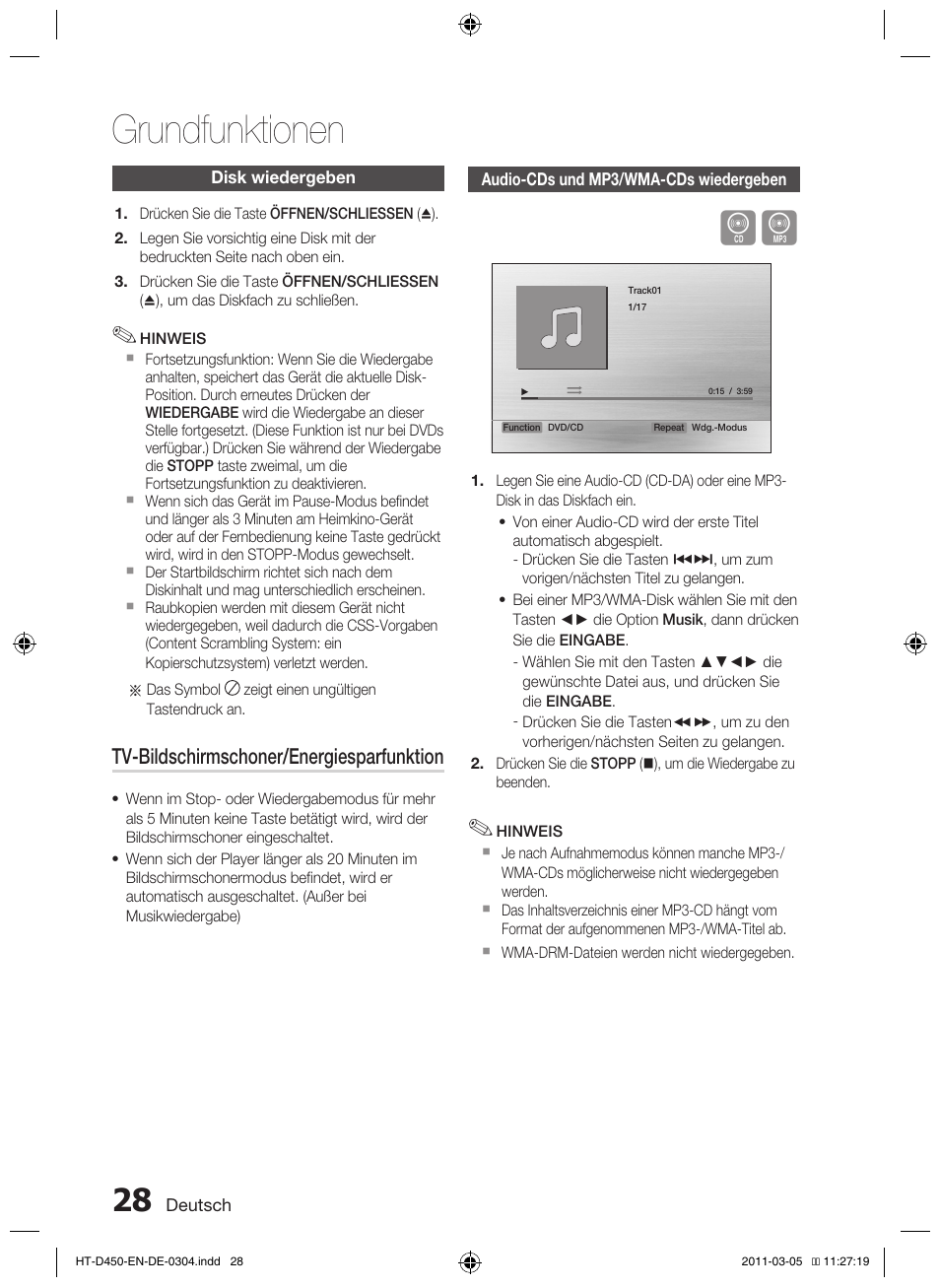 Grundfunktionen, Tv-bildschirmschoner/energiesparfunktion | Samsung HT-D450 User Manual | Page 112 / 168