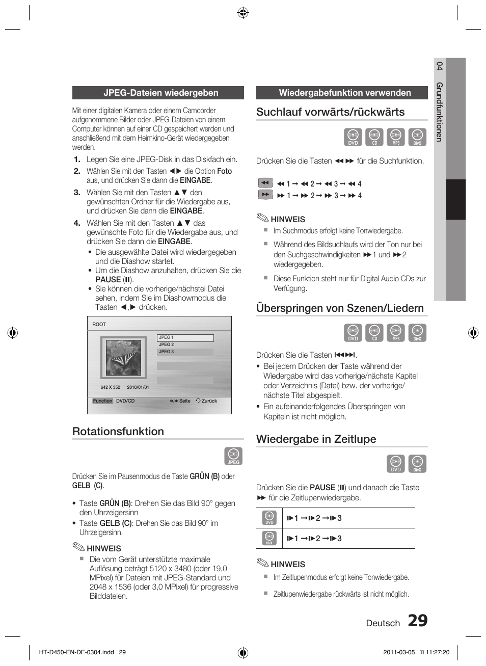 Dbad, Rotationsfunktion, Suchlauf vorwärts/rückwärts | Überspringen von szenen/liedern, Wiedergabe in zeitlupe | Samsung HT-D450 User Manual | Page 113 / 168