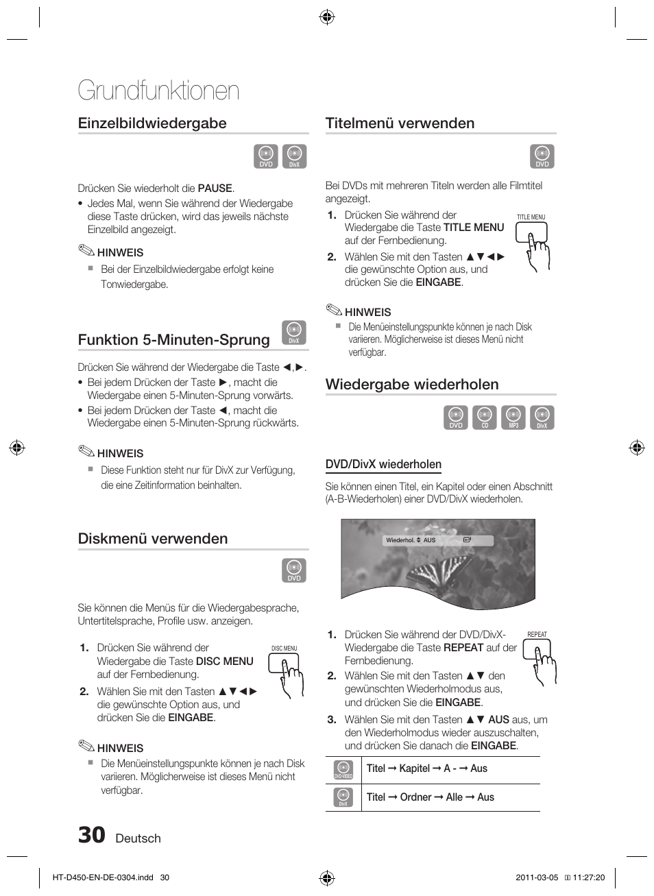 Grundfunktionen, Dbad, Einzelbildwiedergabe | Funktion 5-minuten-sprung, Diskmenü verwenden, Titelmenü verwenden, Wiedergabe wiederholen | Samsung HT-D450 User Manual | Page 114 / 168