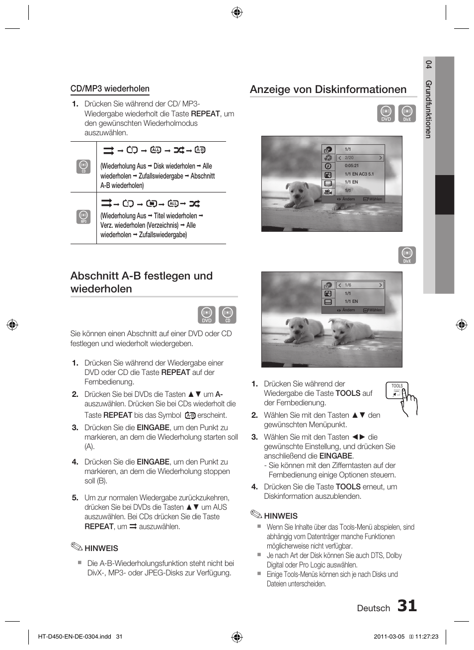 Abschnitt a-b festlegen und wiederholen, Anzeige von diskinformationen | Samsung HT-D450 User Manual | Page 115 / 168