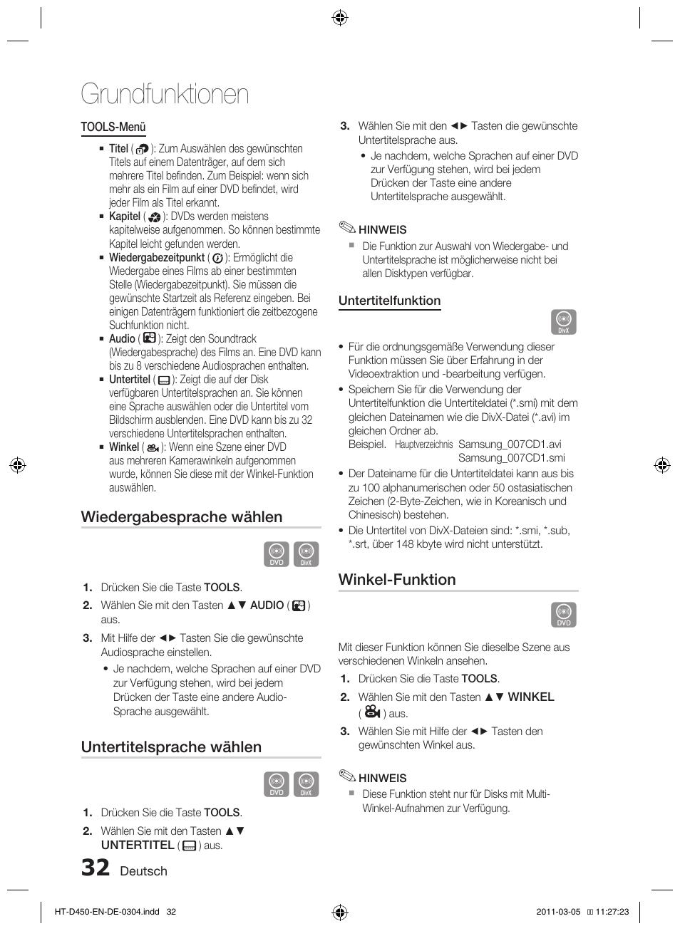 Grundfunktionen, Wiedergabesprache wählen, Untertitelsprache wählen | Winkel-funktion | Samsung HT-D450 User Manual | Page 116 / 168