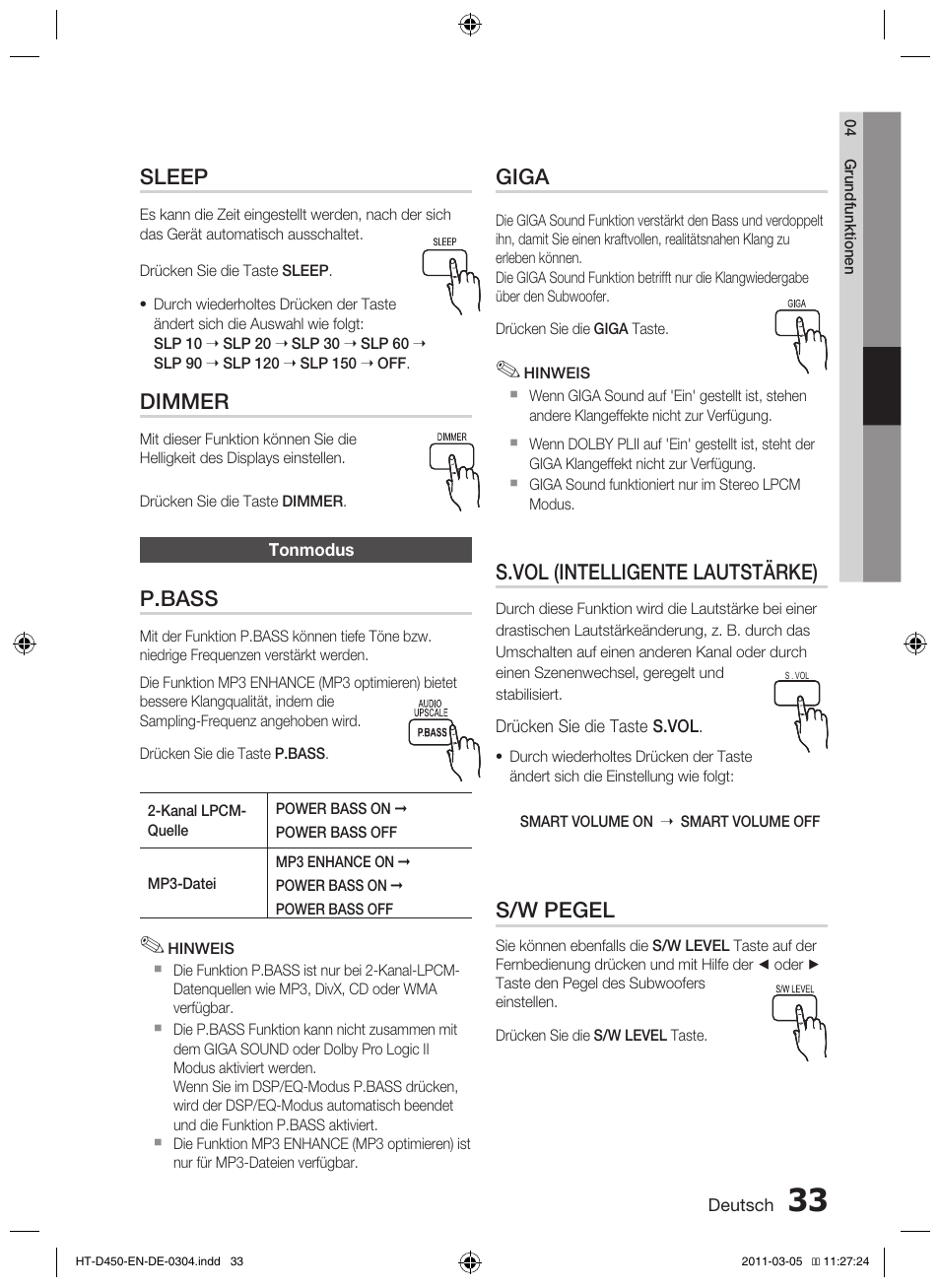 Sleep, Dimmer, P.bass | Giga, S.vol (intelligente lautstärke), S/w pegel | Samsung HT-D450 User Manual | Page 117 / 168