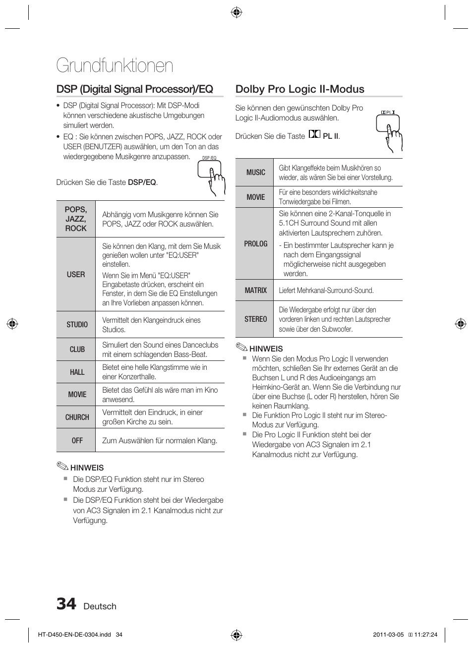 Grundfunktionen, Dsp (digital signal processor)/eq, Dolby pro logic ii-modus | Samsung HT-D450 User Manual | Page 118 / 168