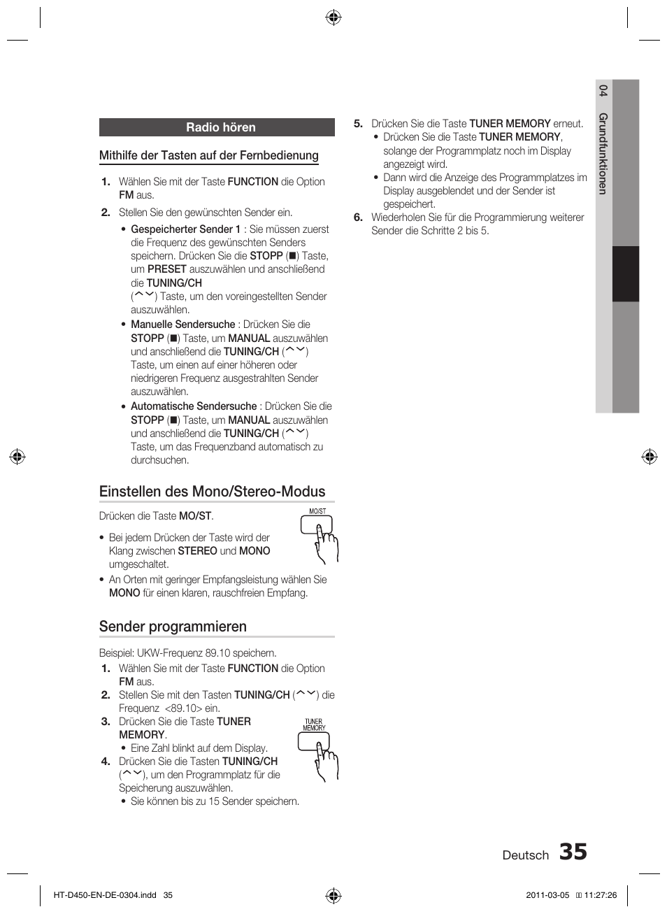 Einstellen des mono/stereo-modus, Sender programmieren | Samsung HT-D450 User Manual | Page 119 / 168