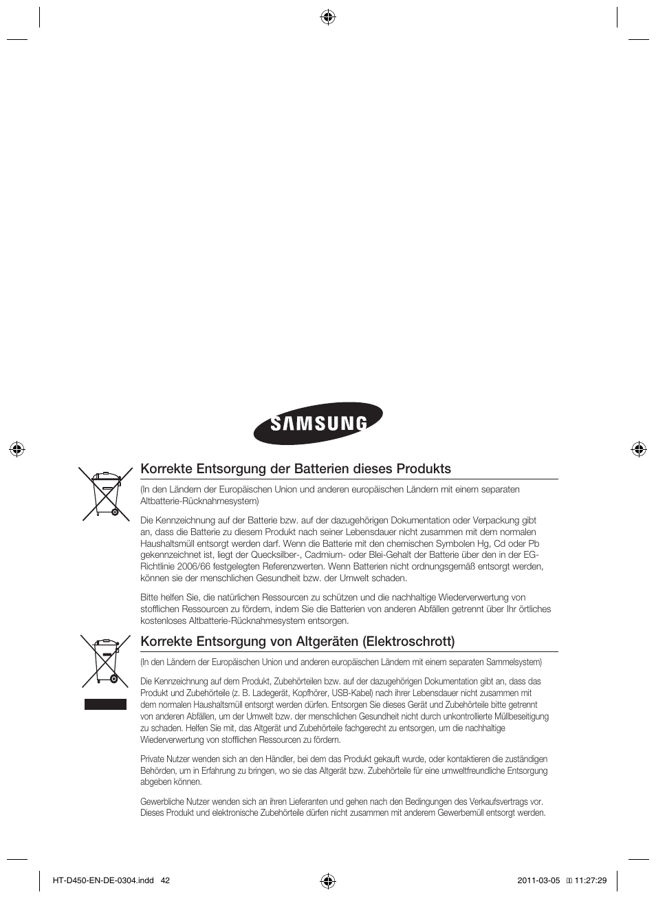 Korrekte entsorgung der batterien dieses produkts | Samsung HT-D450 User Manual | Page 126 / 168